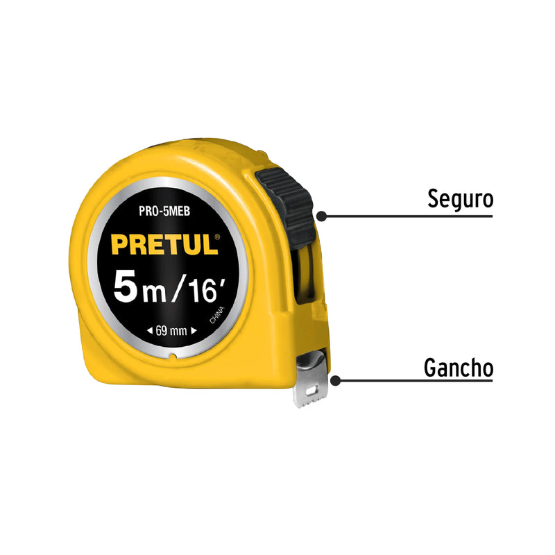 Flexómetro, amarillo, 5m,cinta 19mm, Pretul,tarjeta plástica