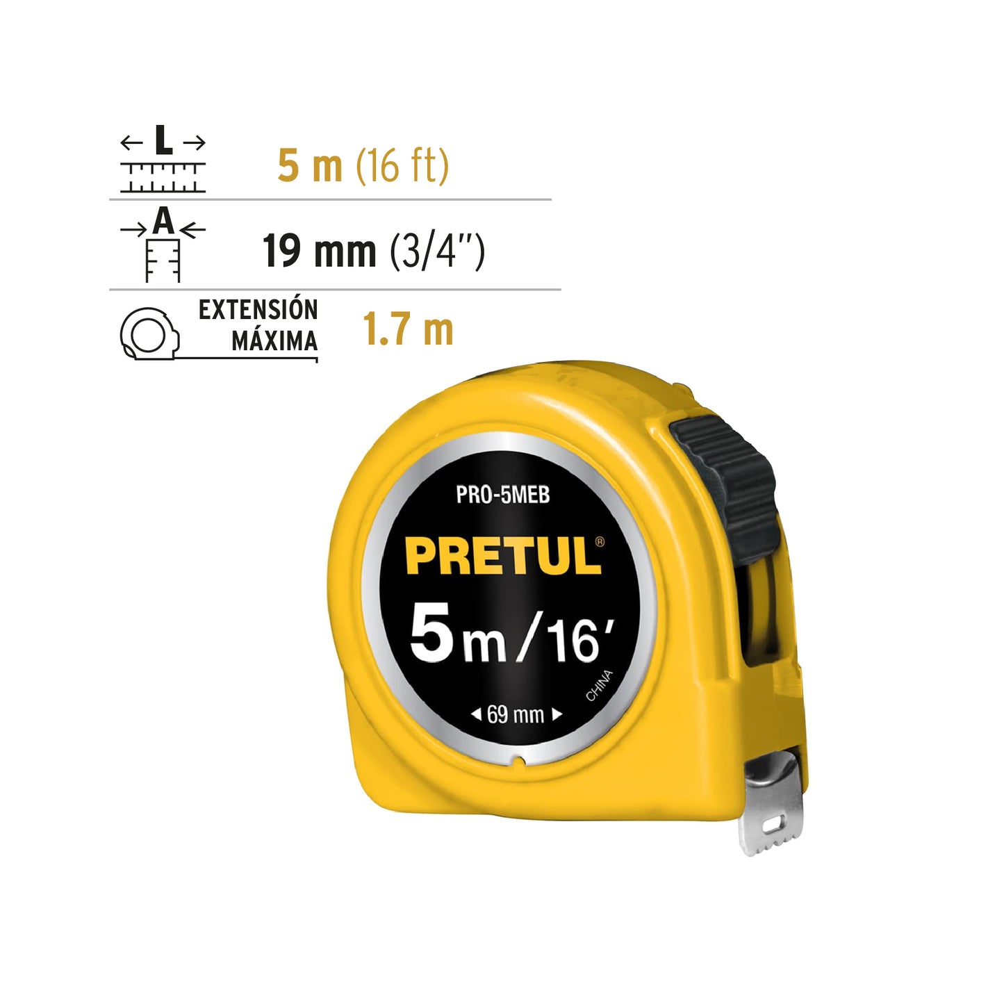 Flexómetro, amarillo, 5m,cinta 19mm, Pretul,tarjeta plástica