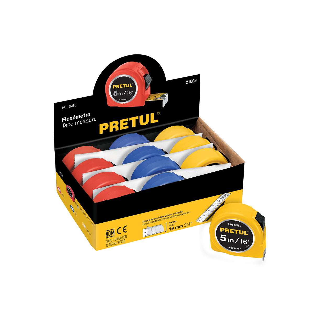 Flexómetros 5 m, cinta 13 mm en display box, 12 pzas, Pretul
