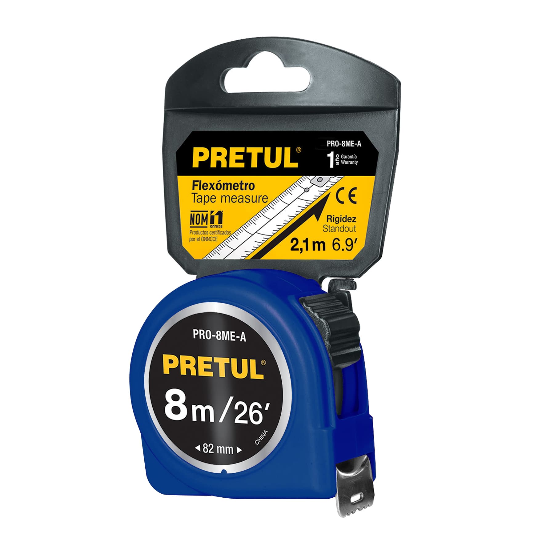 Flexómetro azul 8m cinta 25 mm, Pretul tarjeta plástica