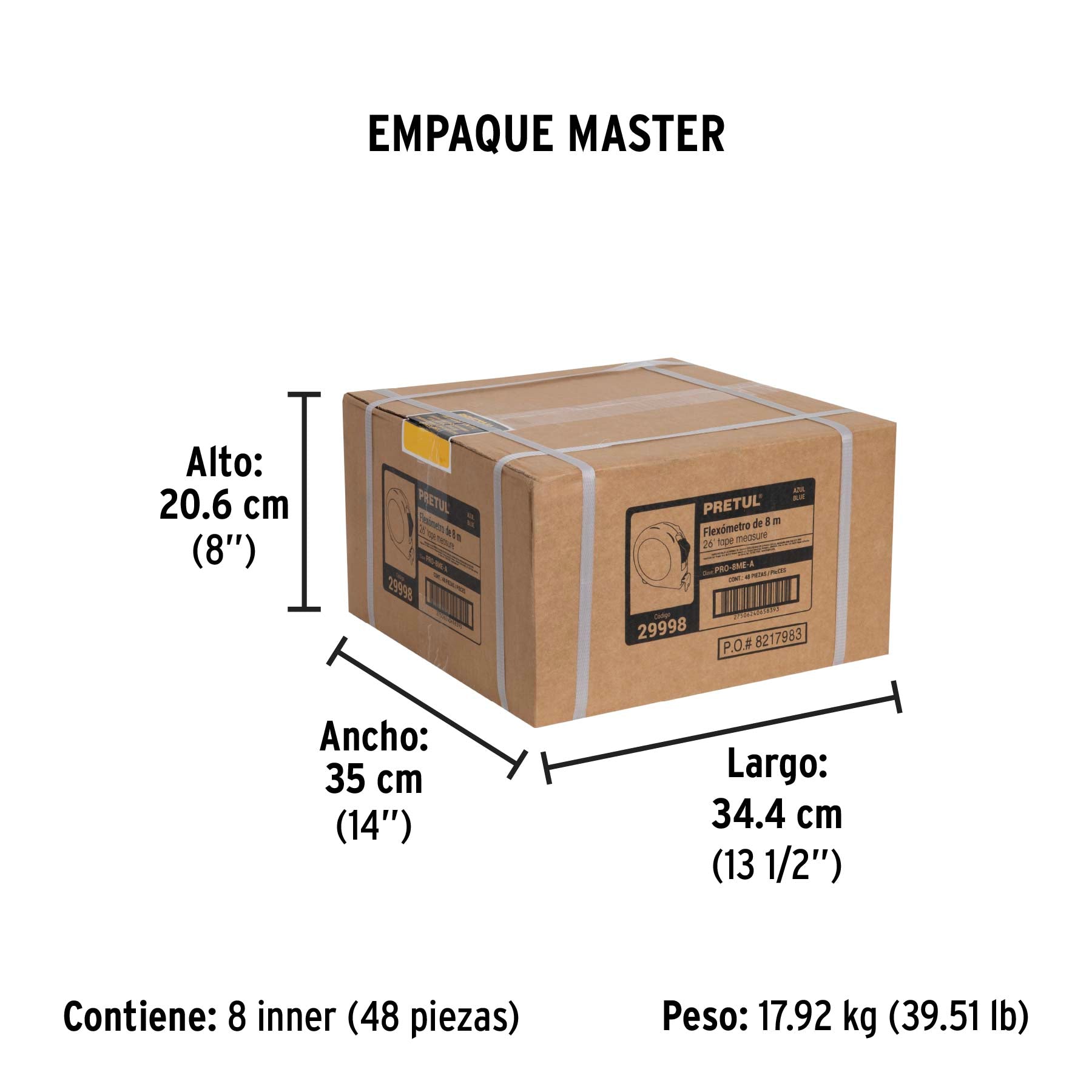 Flexómetro azul 8m cinta 25 mm, Pretul tarjeta plástica