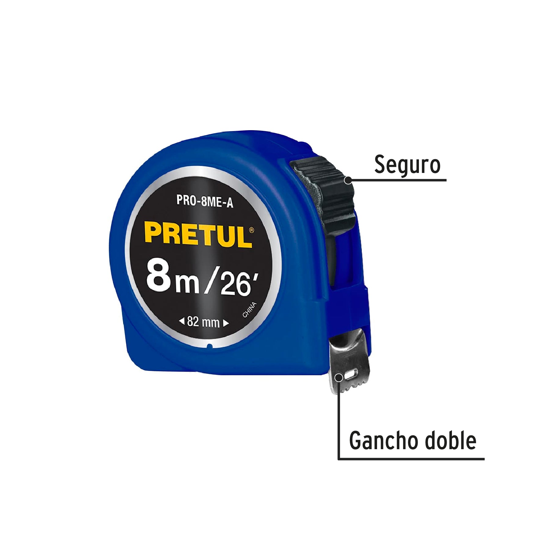 Flexómetro azul 8m cinta 25 mm, Pretul tarjeta plástica