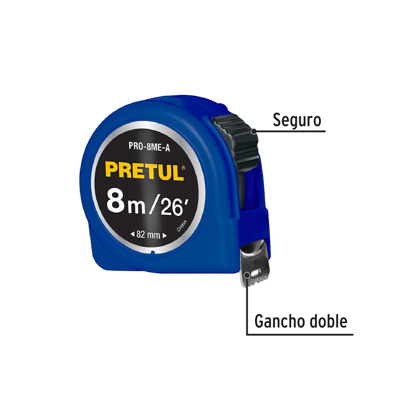 Flexómetro azul 8m cinta 25 mm, Pretul tarjeta plástica