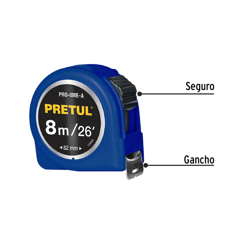 Flexómetro azul 8m cinta 25 mm, Pretul tarjeta plástica