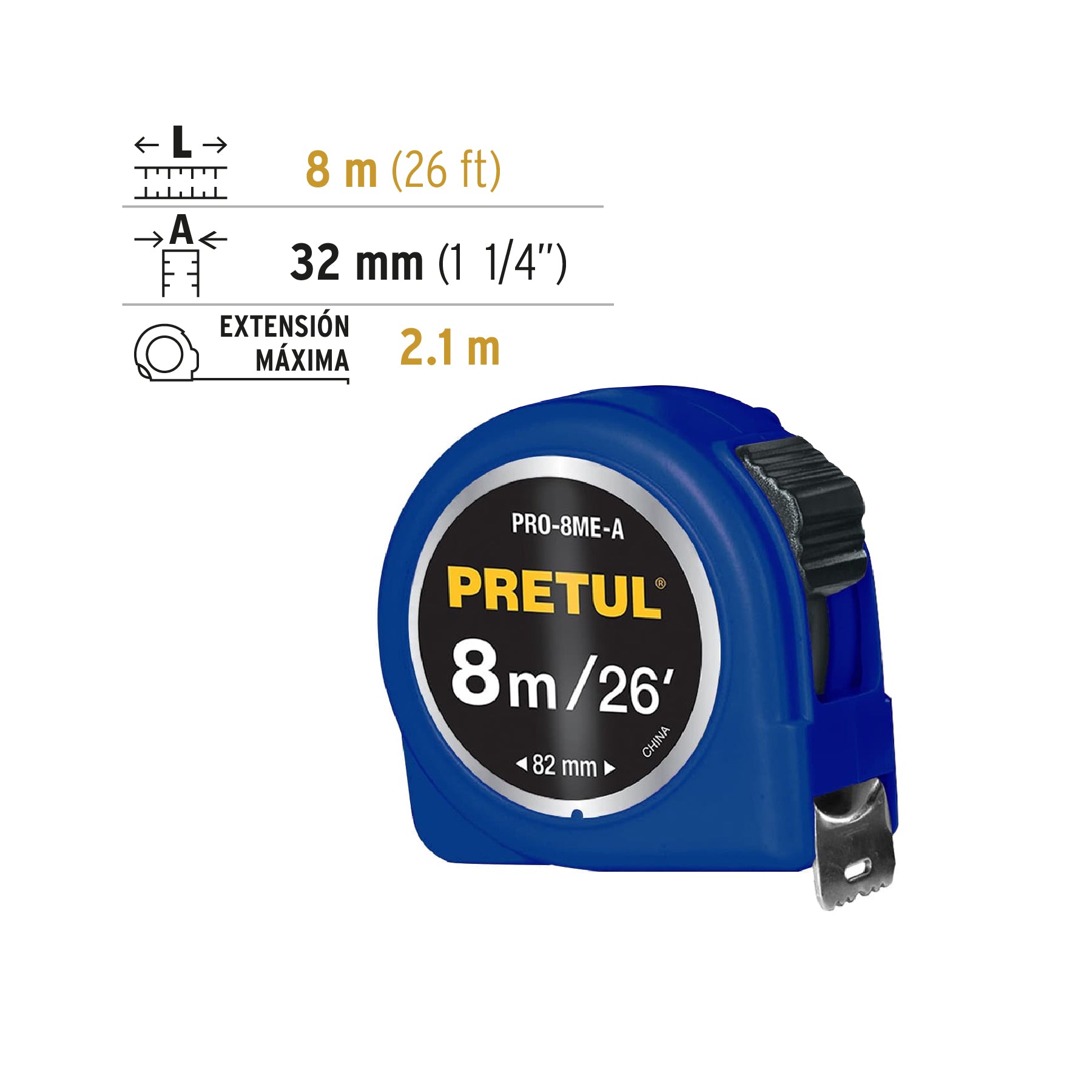 Flexómetro azul 8m cinta 25 mm, Pretul tarjeta plástica
