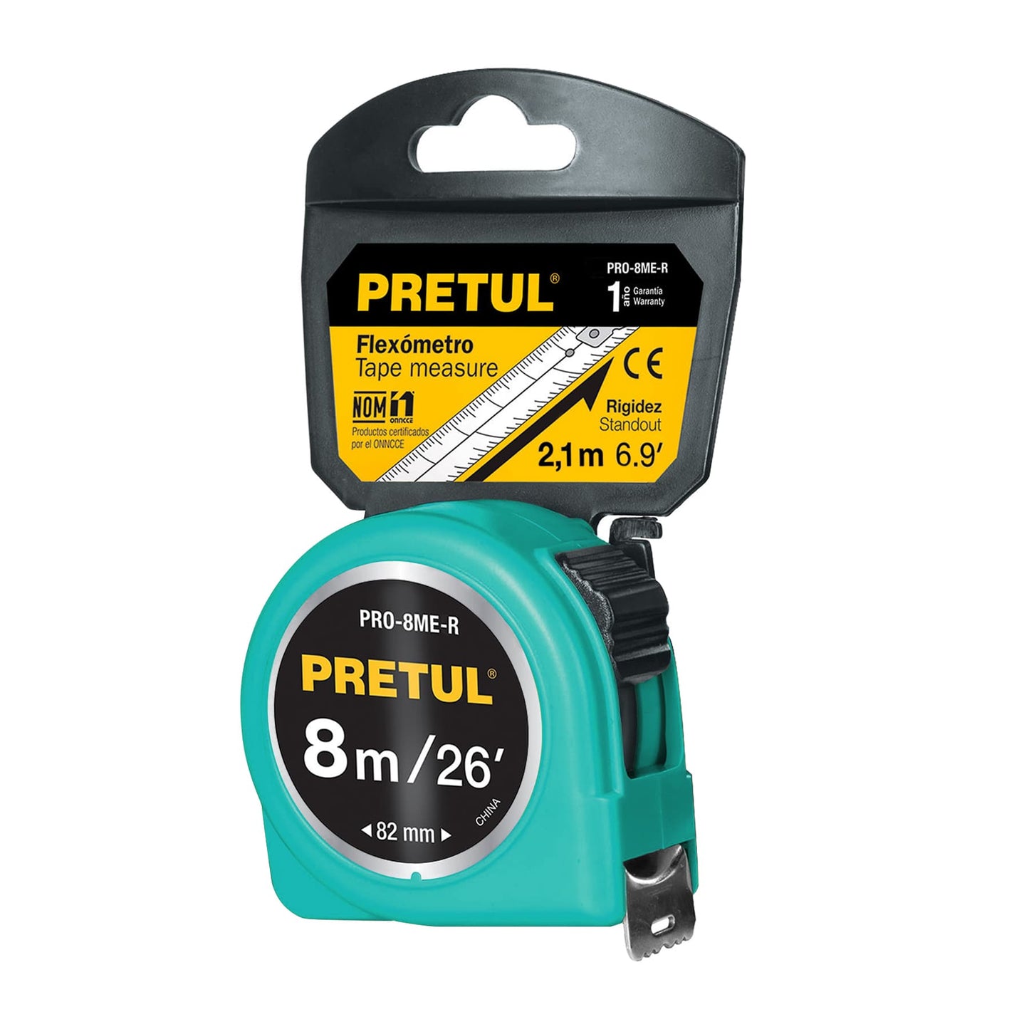 Flexómetro rojo 8m cinta 25 mm, Pretul tarjeta plástica