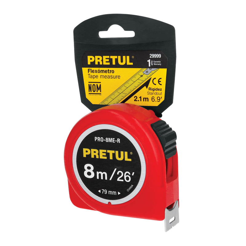 Flexómetro rojo 8m cinta 25 mm, Pretul tarjeta plástica