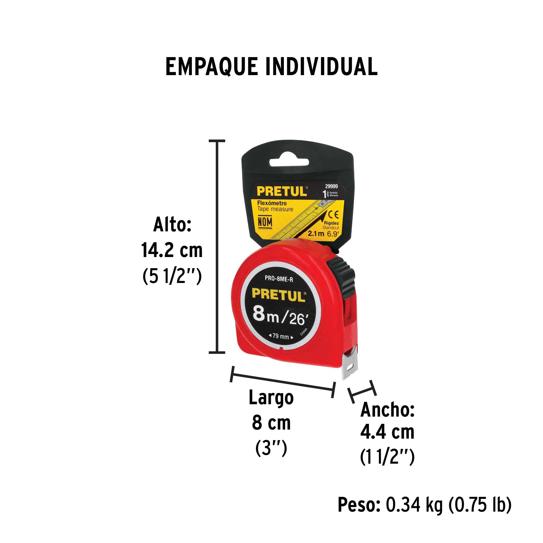 Flexómetro rojo 8m cinta 25 mm, Pretul tarjeta plástica