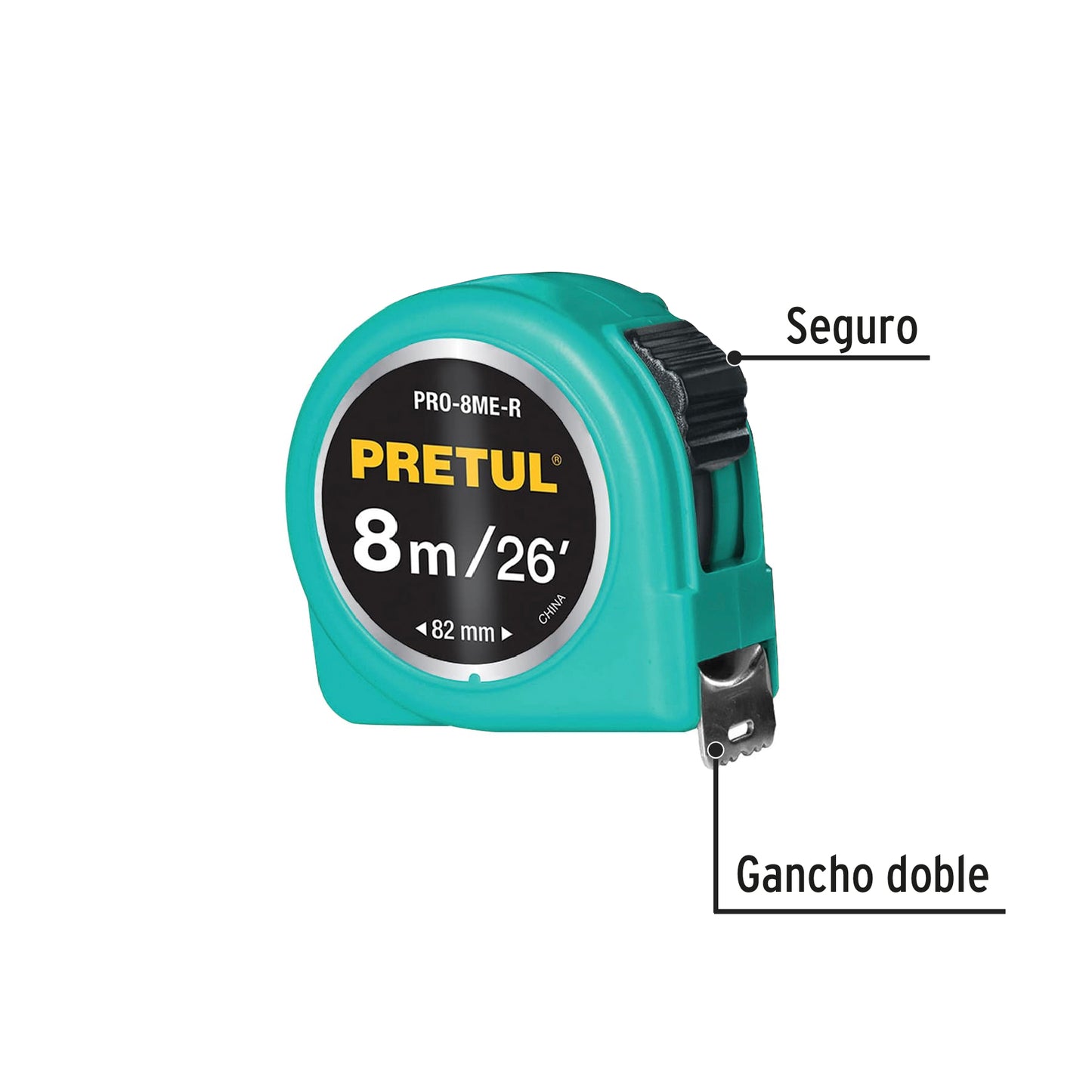 Flexómetro rojo 8m cinta 25 mm, Pretul tarjeta plástica