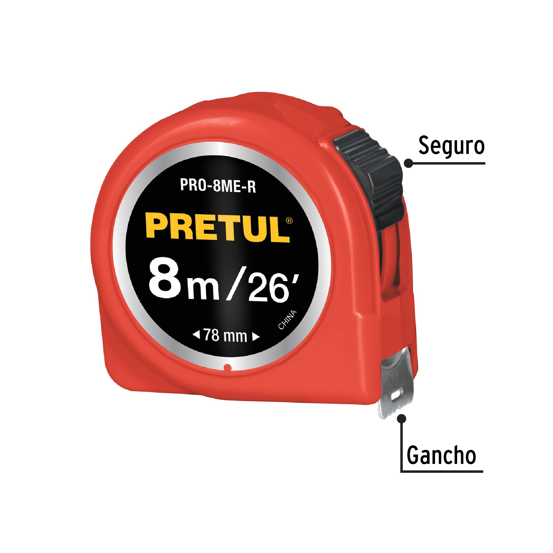 Flexómetro rojo 8m cinta 25 mm, Pretul tarjeta plástica