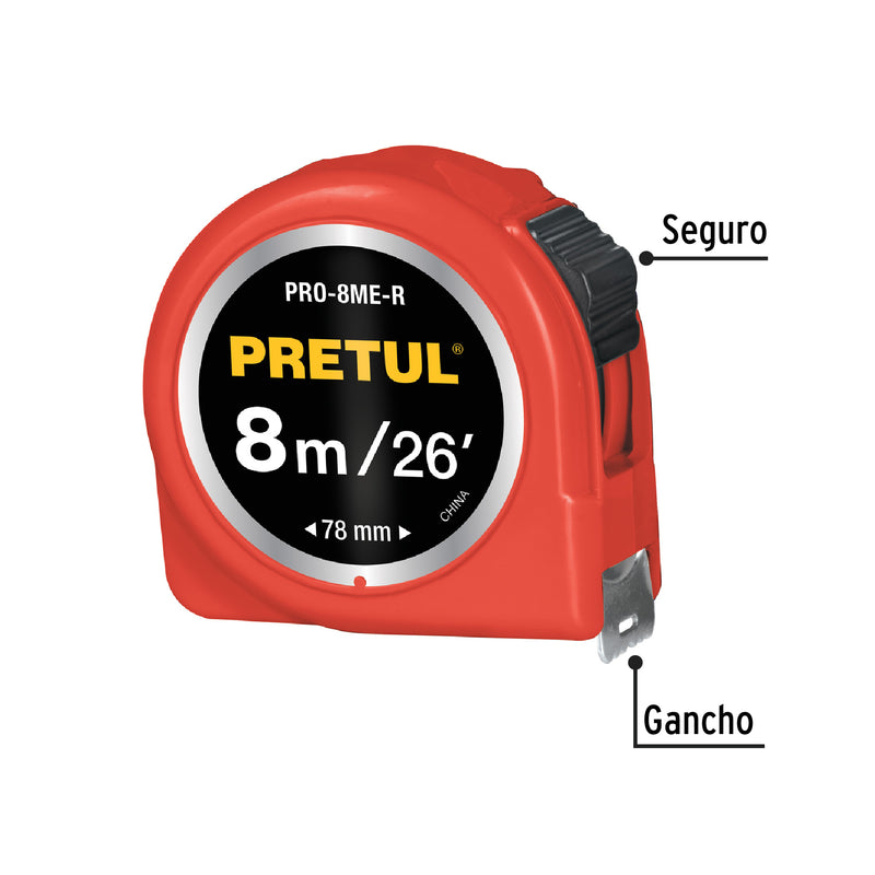 Flexómetro rojo 8m cinta 25 mm, Pretul tarjeta plástica