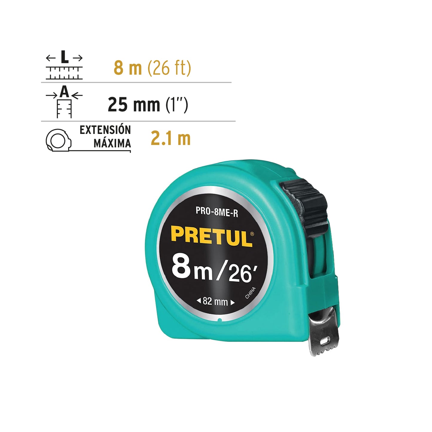 Flexómetro rojo 8m cinta 25 mm, Pretul tarjeta plástica