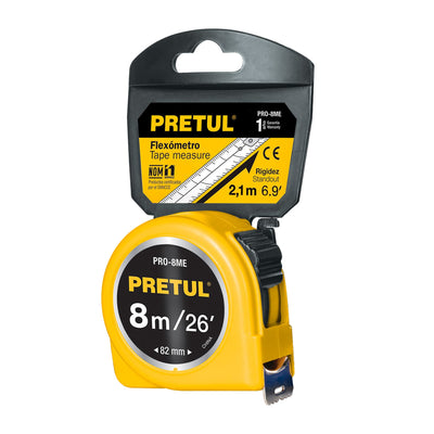 Flexómetro, amarillo, 8m, cinta 25 mm, Pretul, tarjeta plást