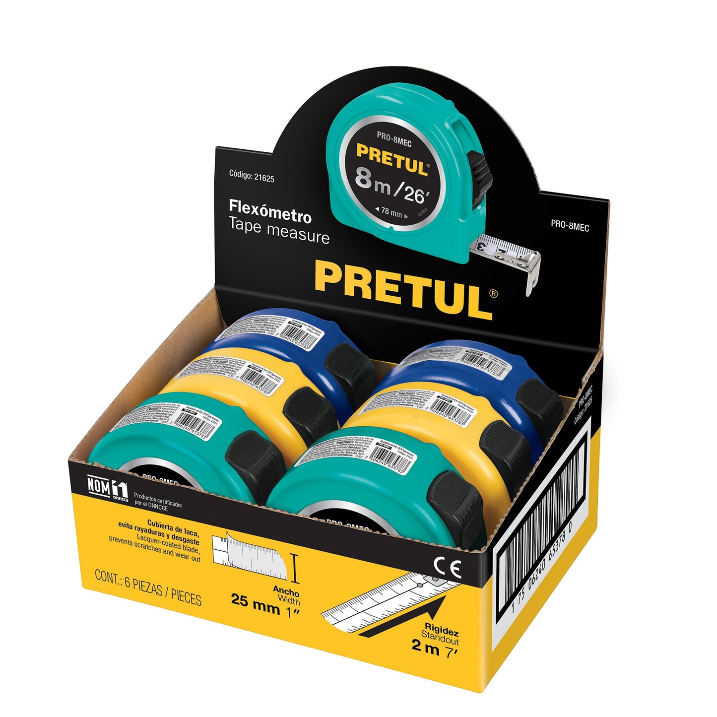 Flexómetros 8 m, cinta 25 mm en display box, 6 pzas, Pretul