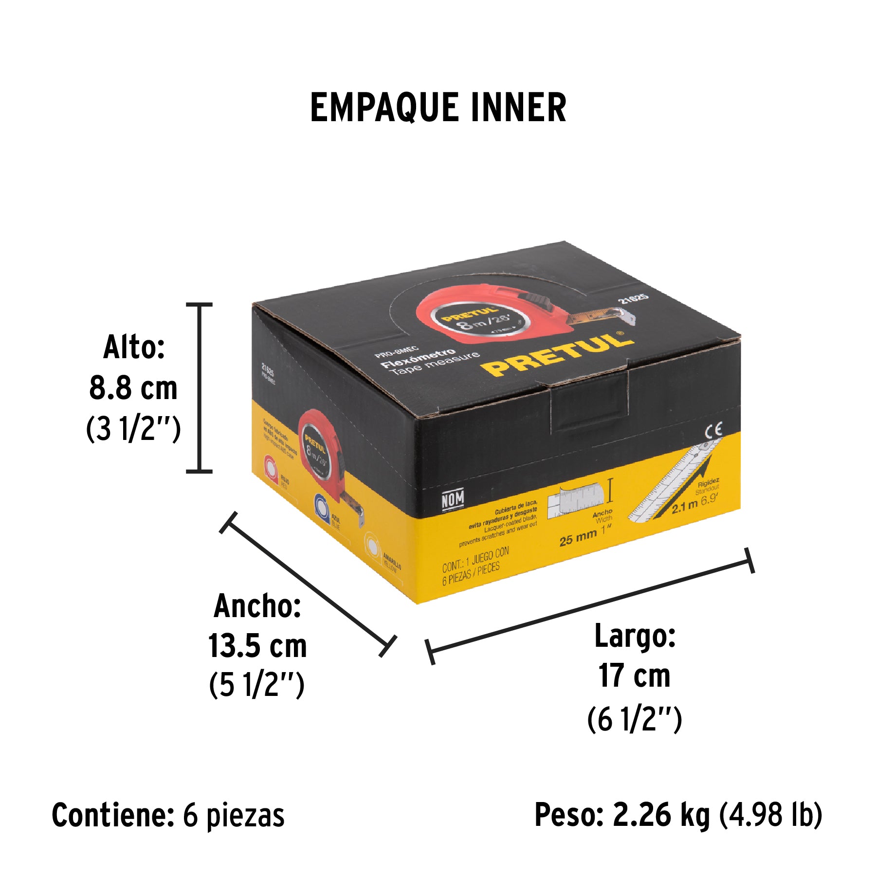 Flexómetros 8 m, cinta 25 mm en display box, Pretul