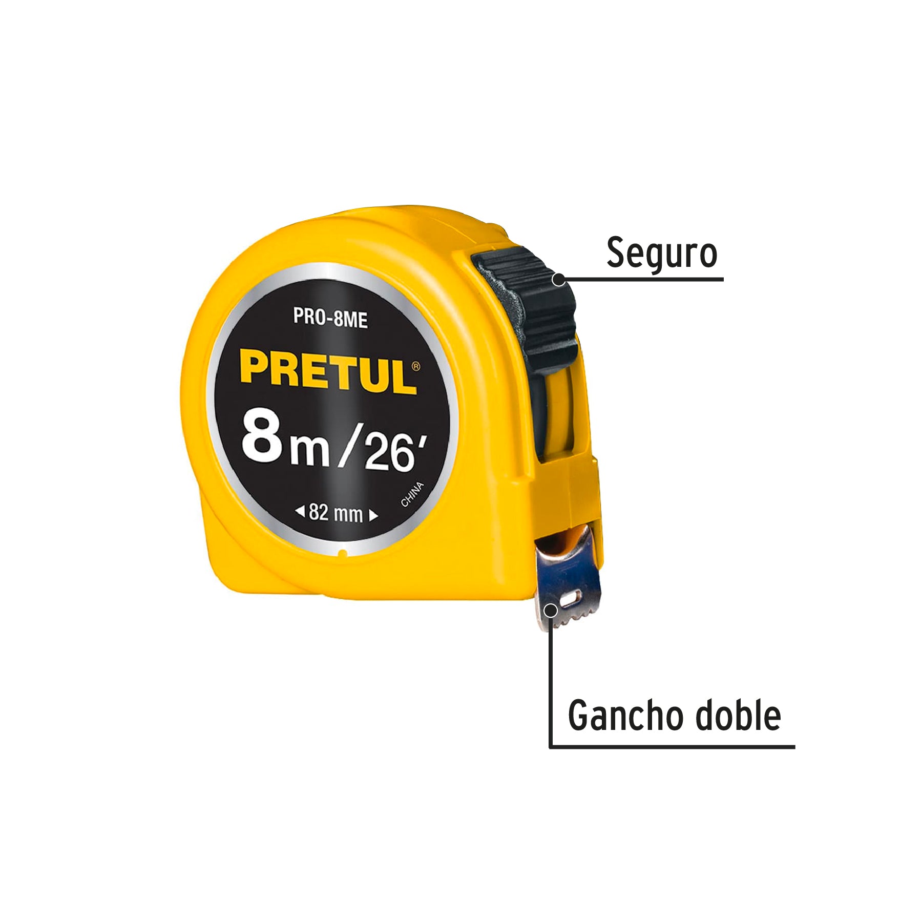 Flexómetro, amarillo, 8m, cinta 25 mm, Pretul, tarjeta plást