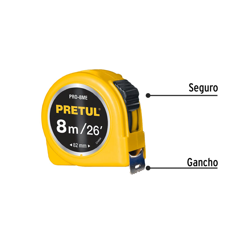 Flexómetro, amarillo, 8m, cinta 25 mm, Pretul, tarjeta plást