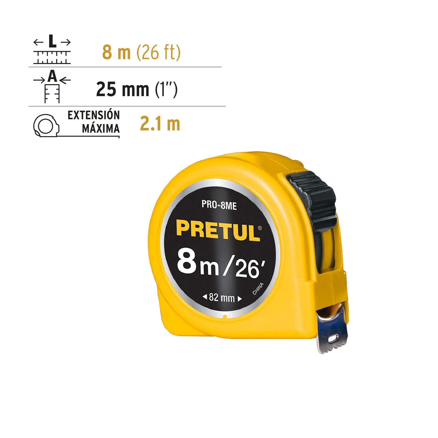Flexómetro, amarillo, 8m, cinta 25 mm, Pretul, tarjeta plást