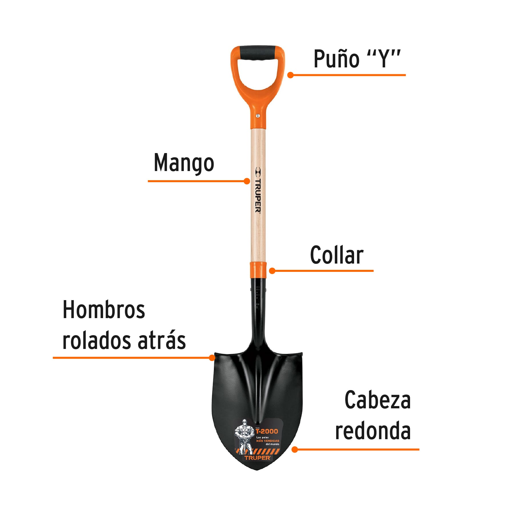 Pala t-2000 redonda, puño "y", mango 29-1/2"