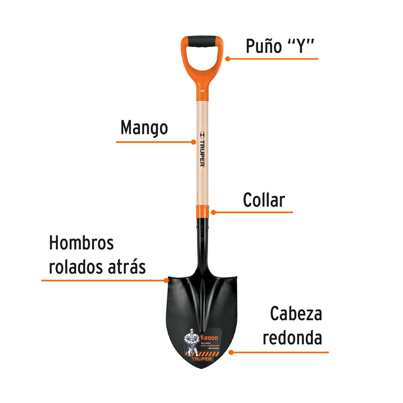Pala t-2000 redonda, puño "y", mango 29-1/2"