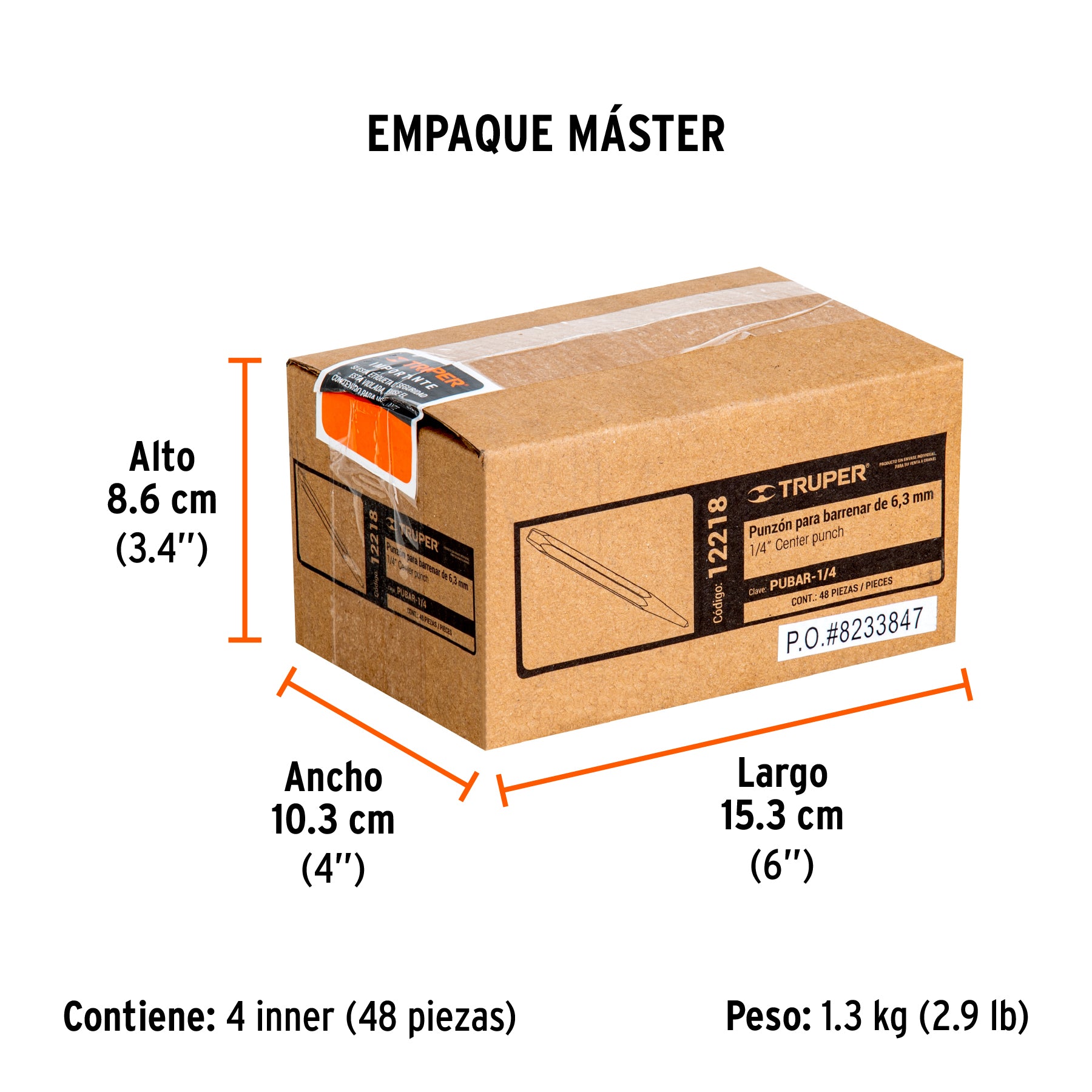 Punzón 1/4" para barrenar, largo 4-1/4"