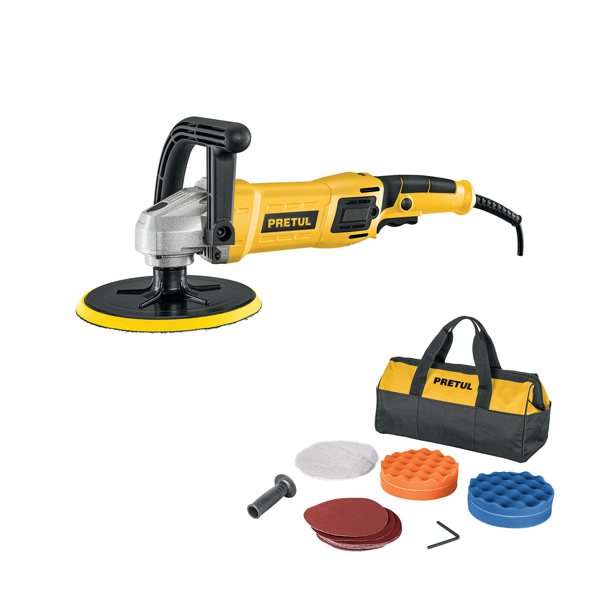 Pulidora velocidad variable 7' 1200W, c/accesorios, PRETUL