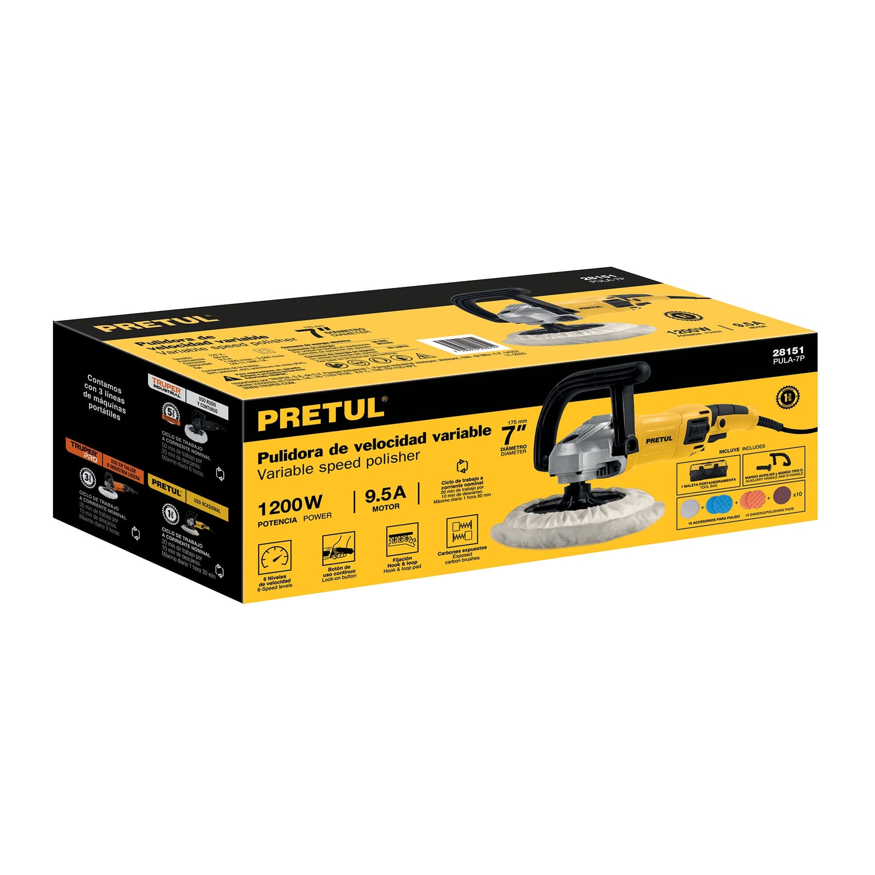 Pulidora velocidad variable 7' 1200W, c/accesorios, PRETUL
