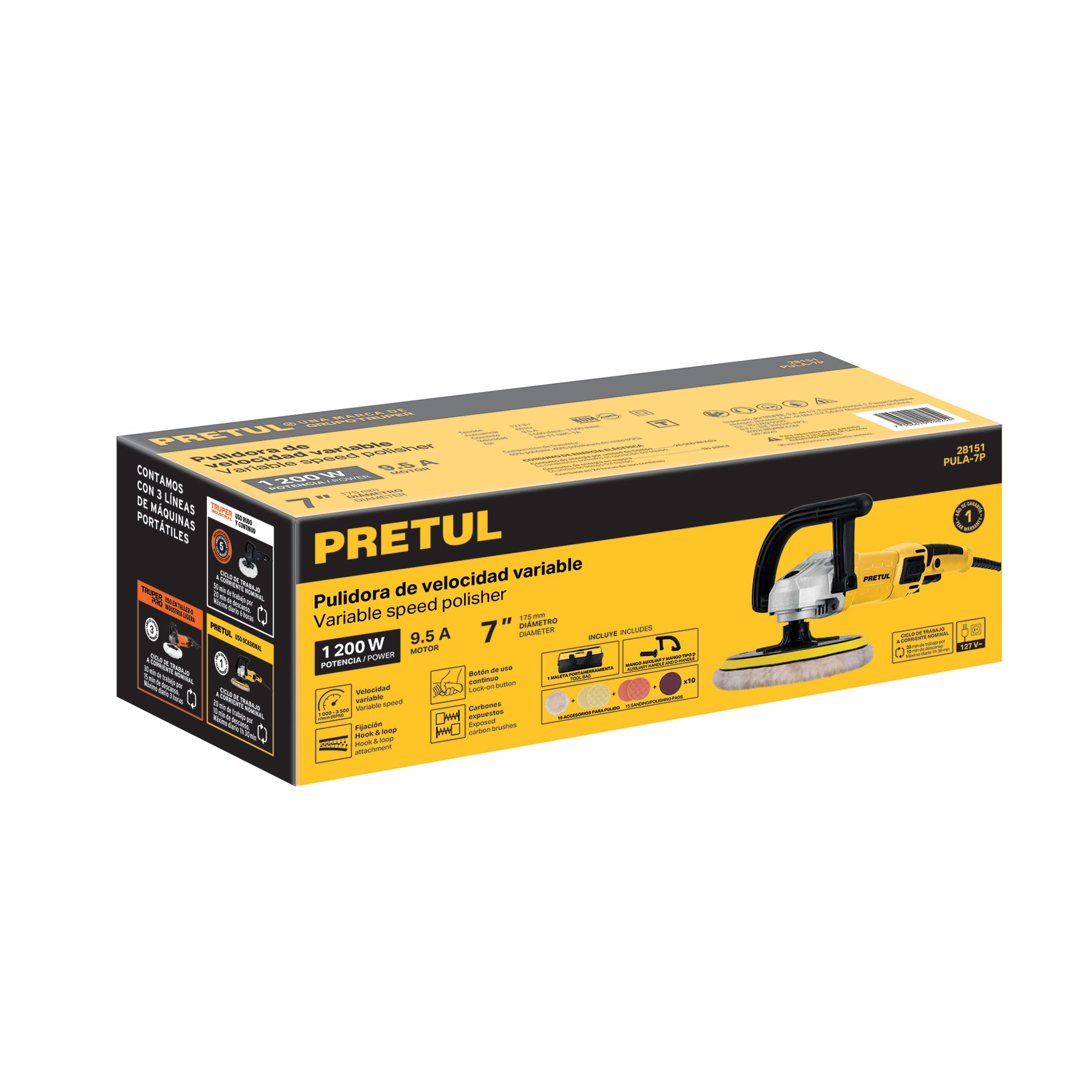Pulidora velocidad variable 7' 1200W, c/accesorios, PRETUL