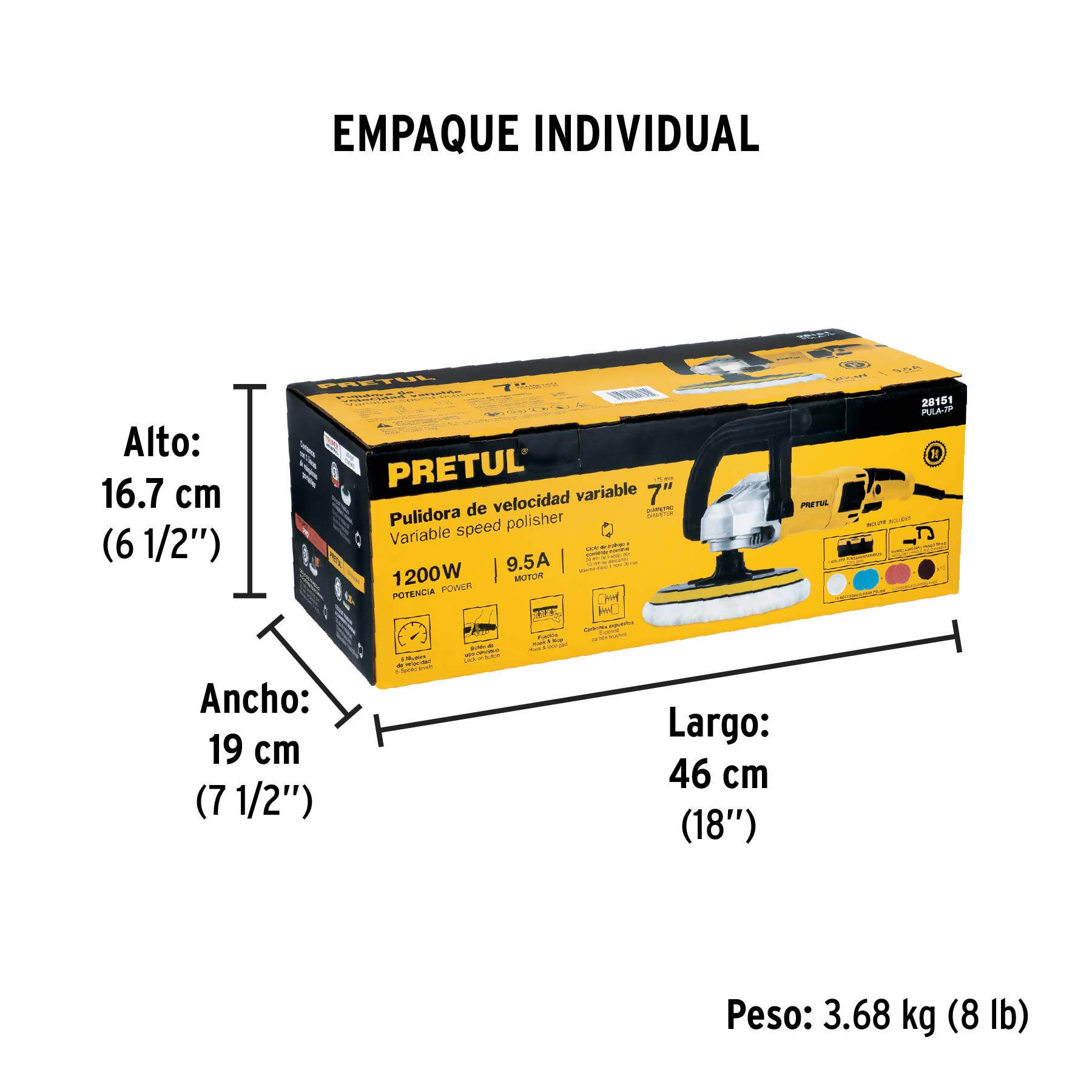 Pulidora velocidad variable 7' 1200W, c/accesorios, PRETUL