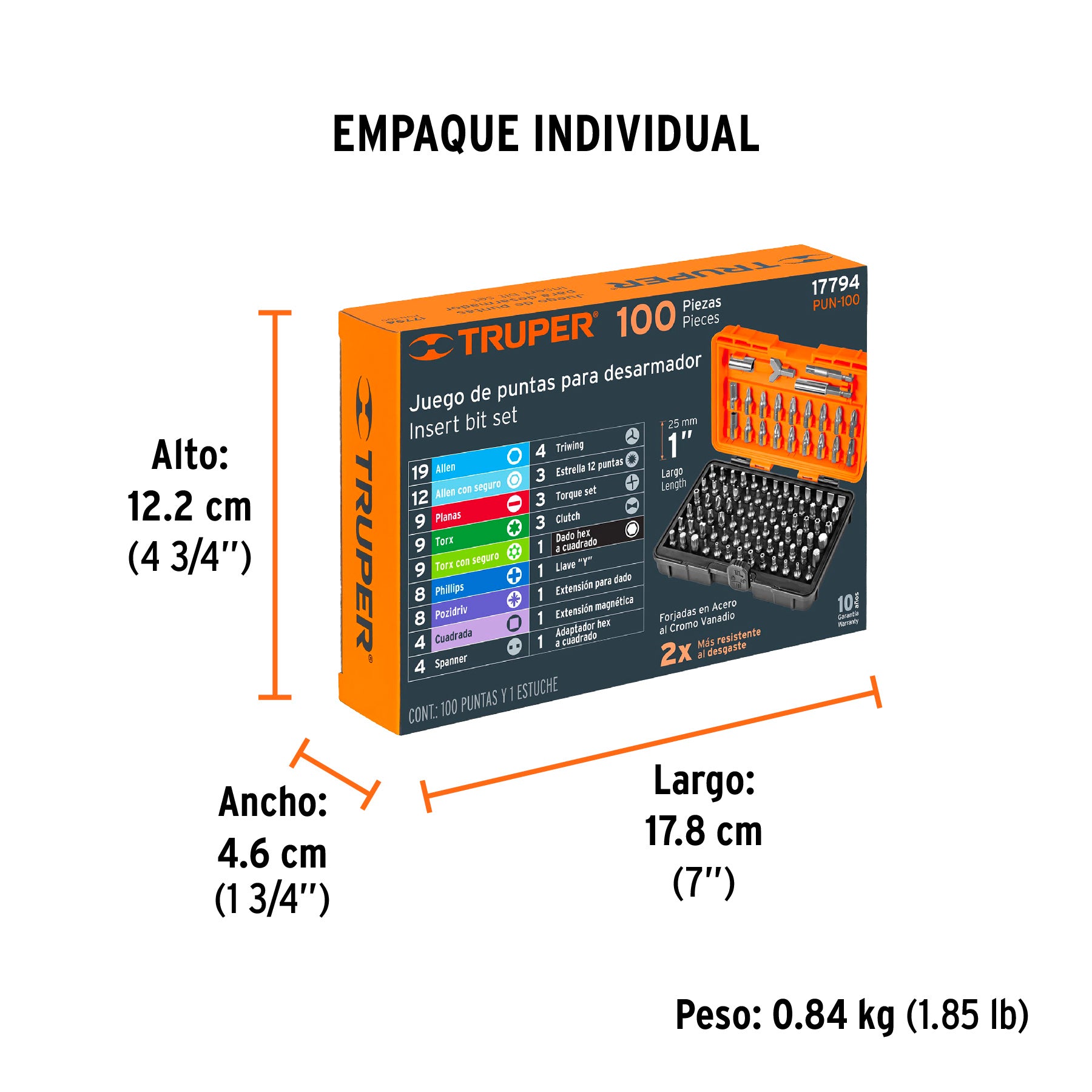 Juego 100 piezas, puntas de desarmador 1", con estuche