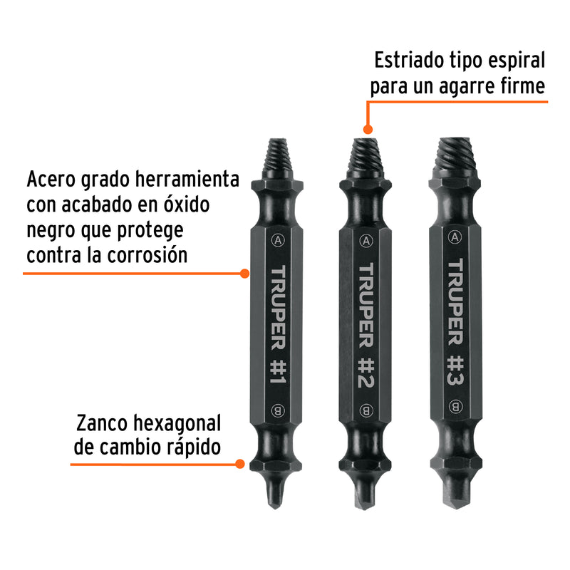 Blíster con 3 puntas extractoras de tornillos, TRUPER