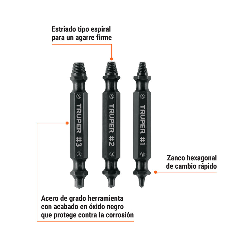 Blíster con 3 puntas extractoras de tornillos, Truper