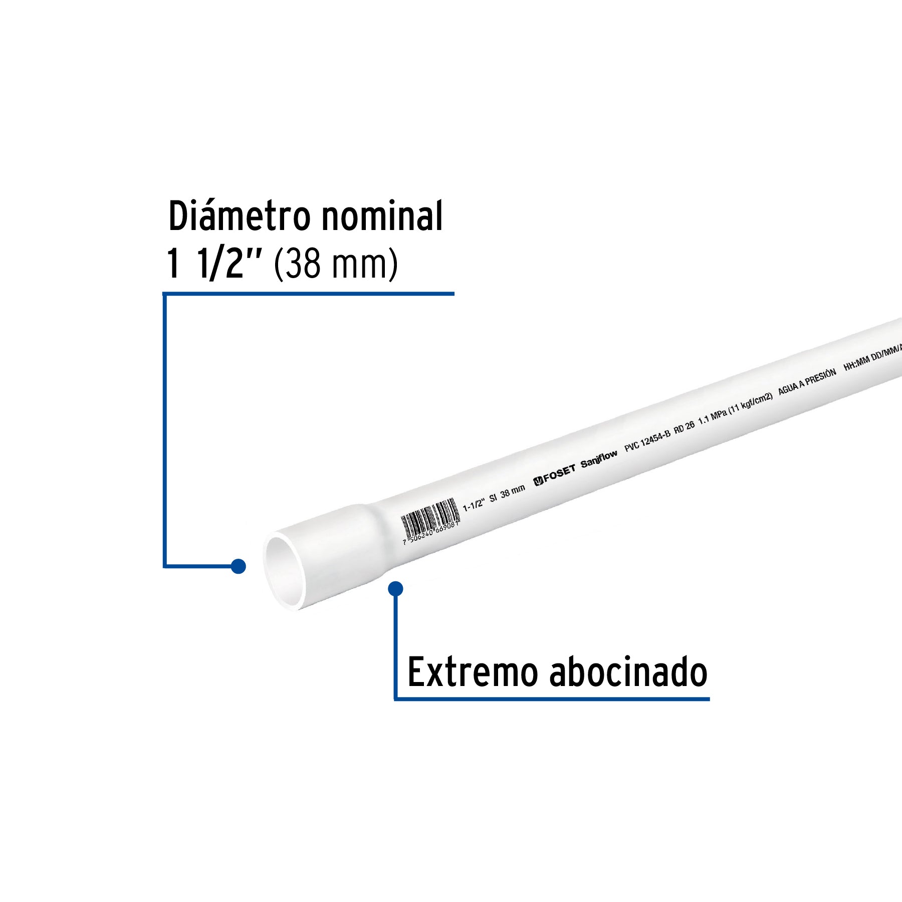 Tubo hidráulico PVC, 1-1/2", RD 26, 3 metros