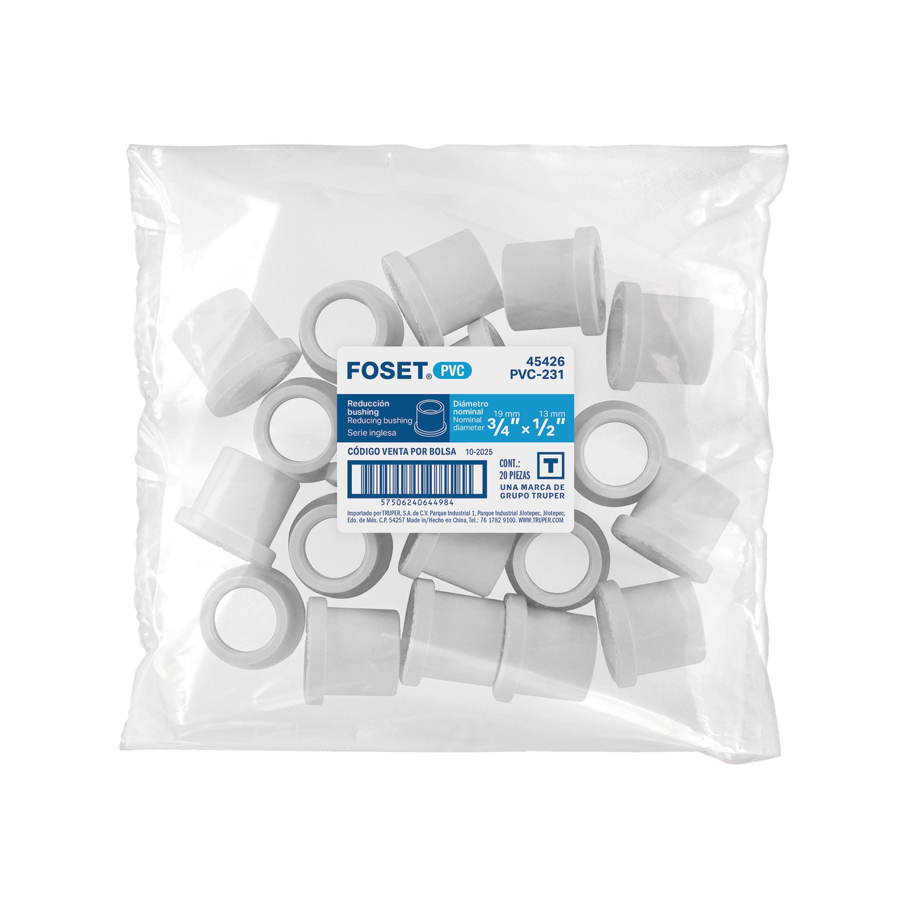Reducción bushing de PVC, 3/4 x 1/2"