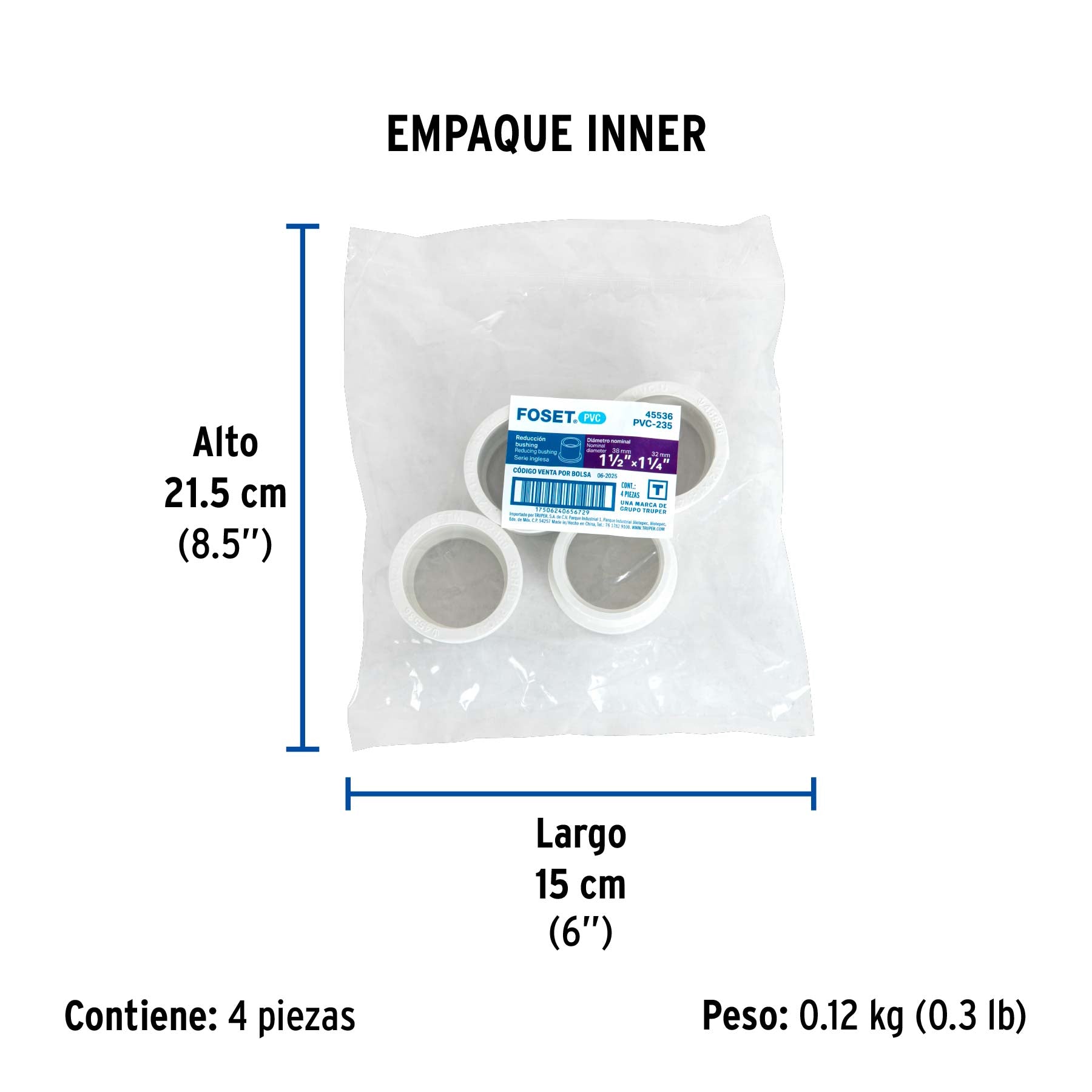 Reducción bushing de PVC, 1-1/2 x 1-1/4"