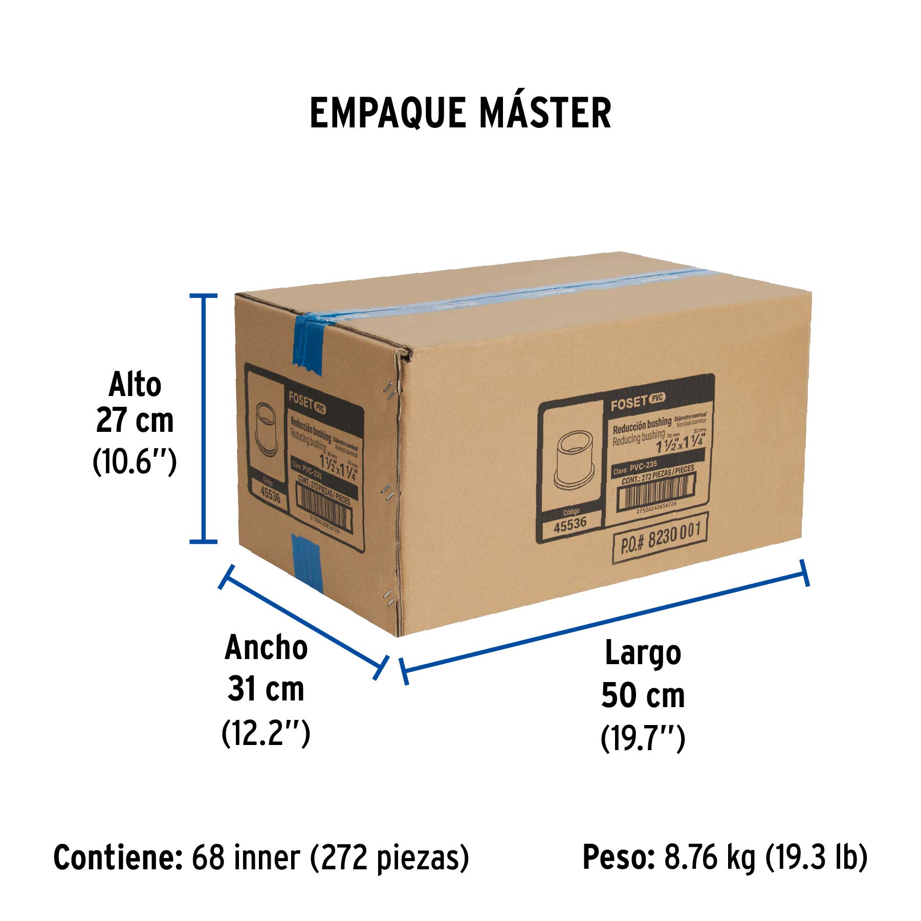 Reducción bushing de PVC, 1-1/2 x 1-1/4"