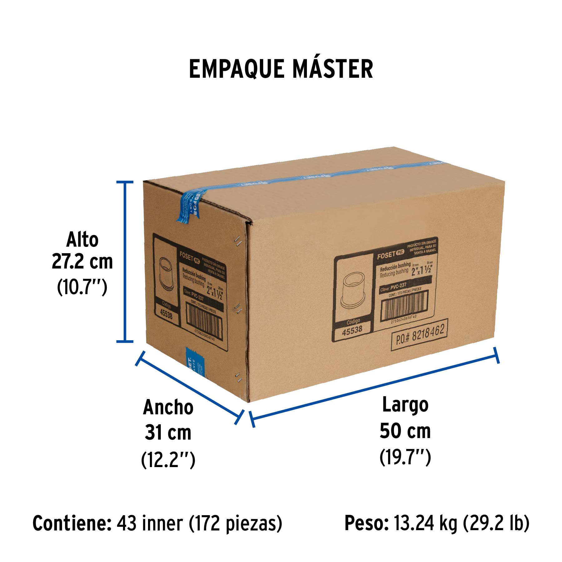 Reducción bushing de PVC, 2 x 1-1/2"
