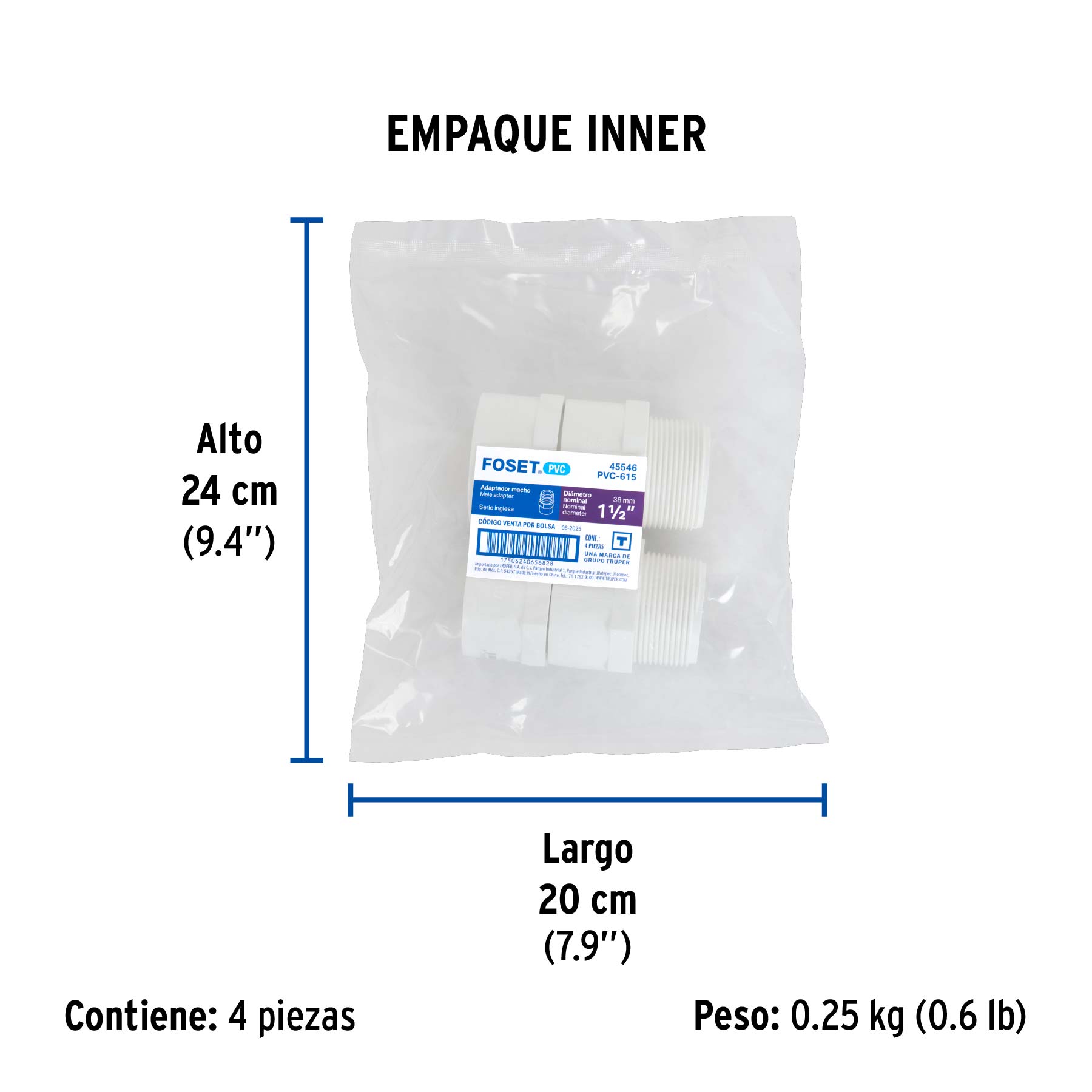 Adaptador macho de PVC, 1-1/2"
