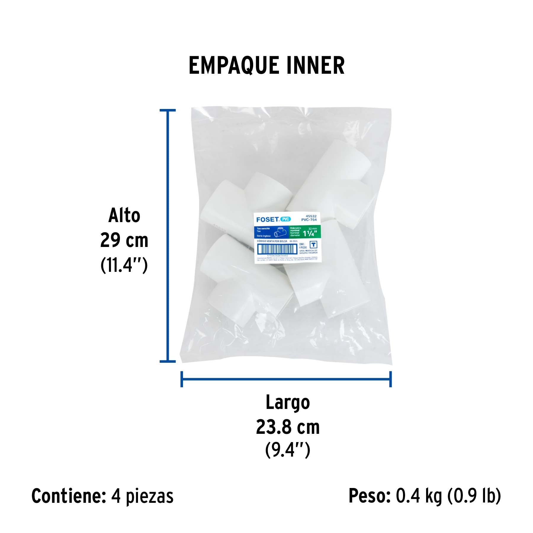 Tee sencilla de PVC, 1-1/4"