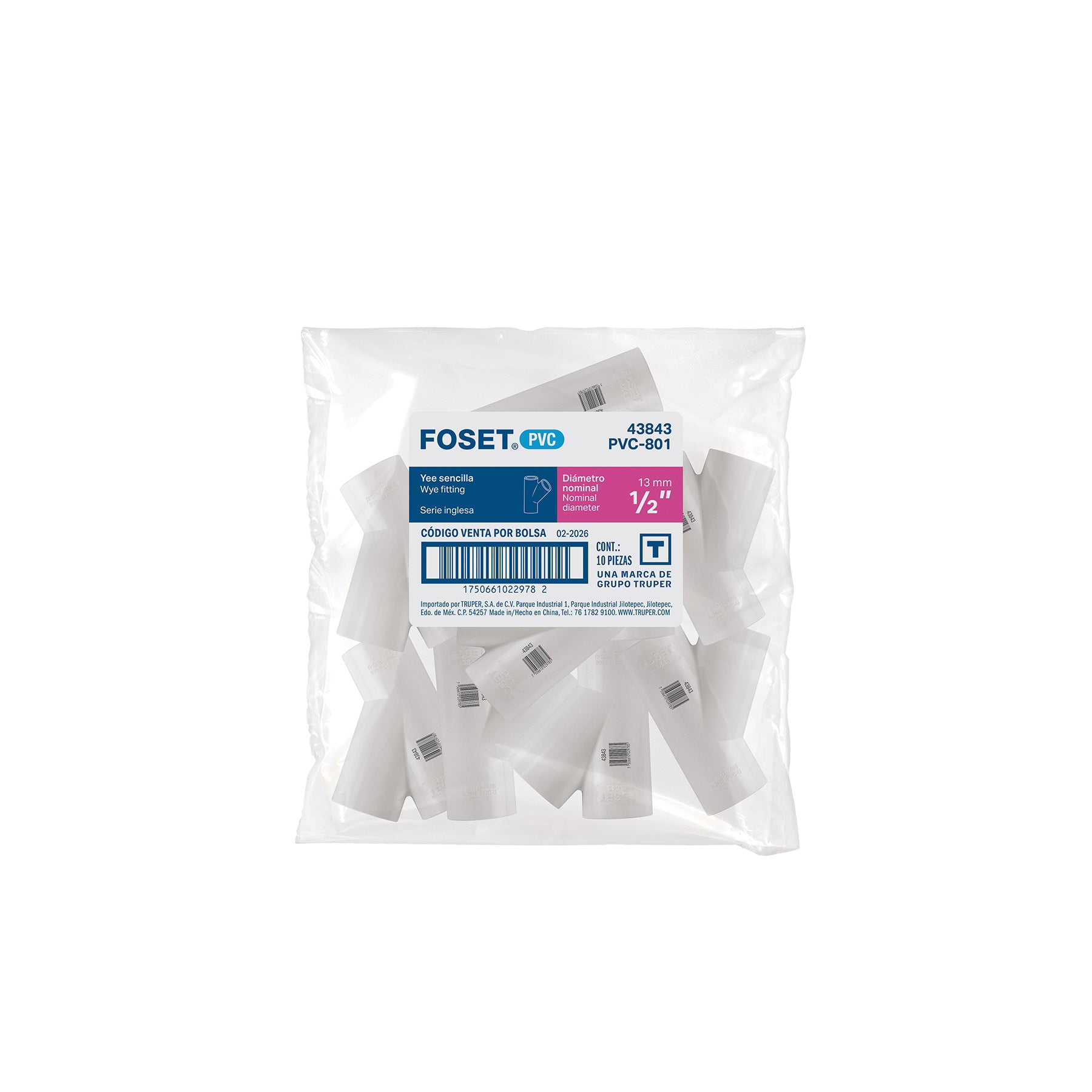 Yee sencilla de PVC 1/2', FOSET