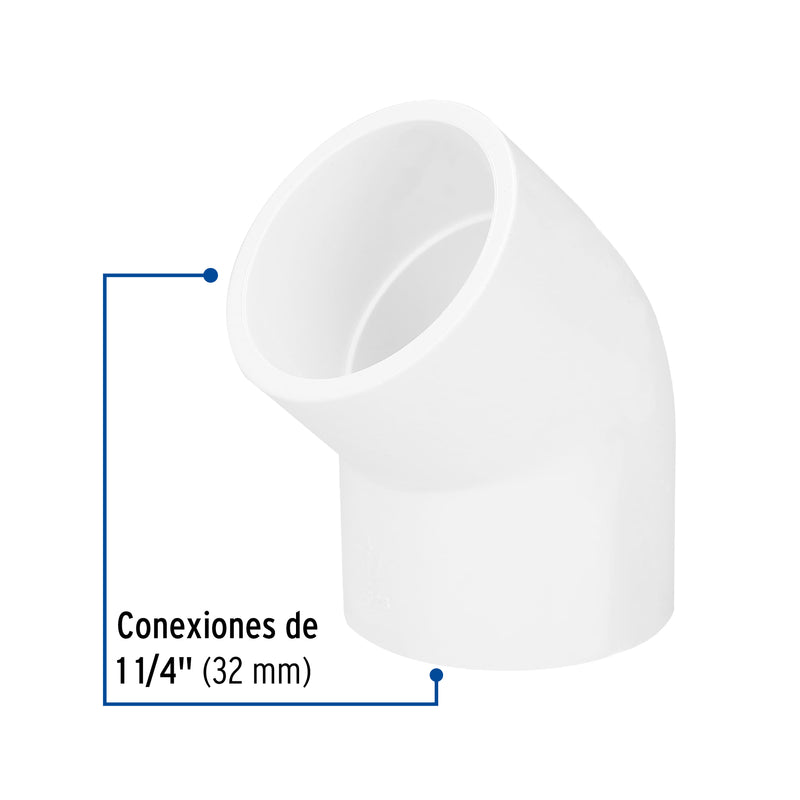 Codo 45° de PVC, 1-1/4"