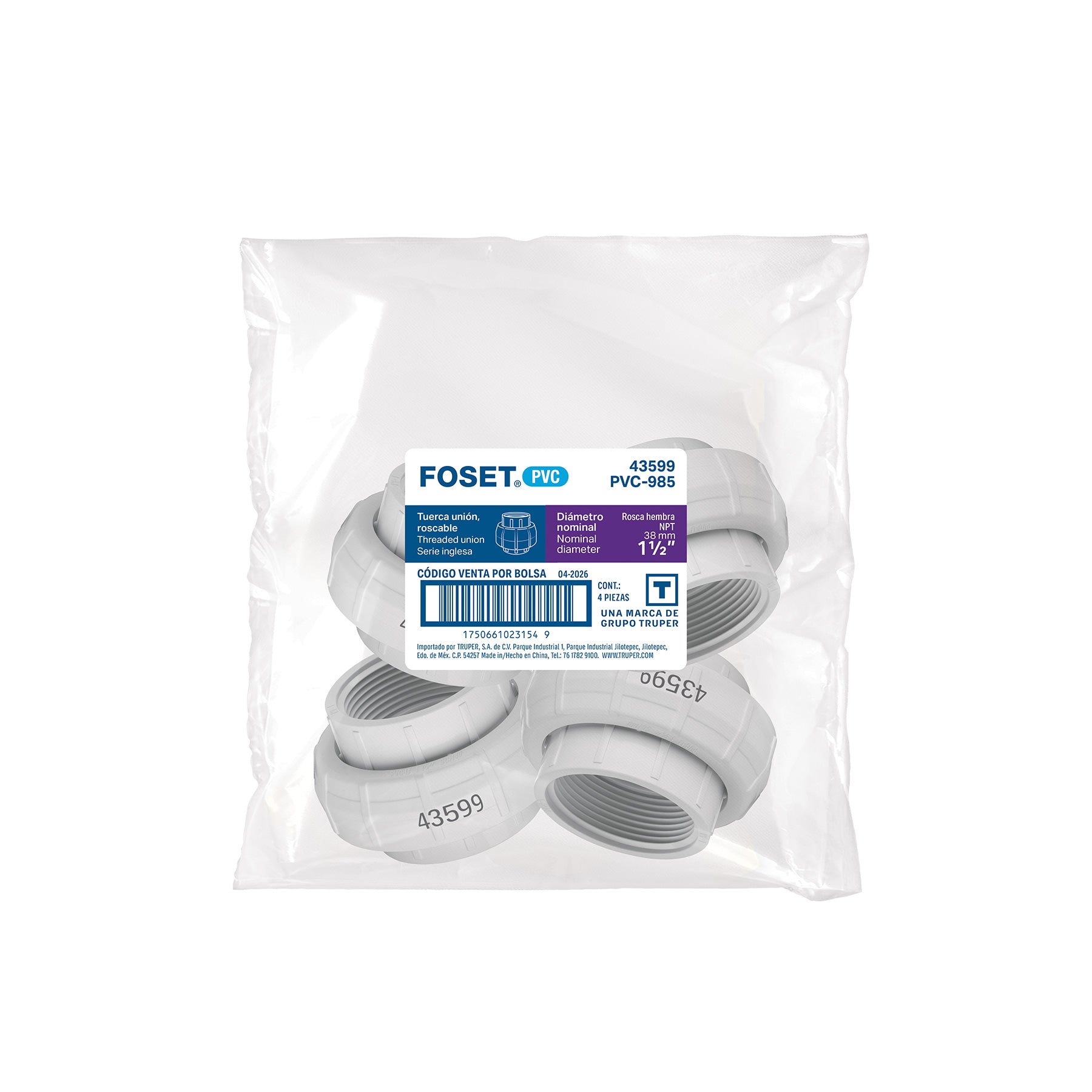 Tuerca unión roscable de PVC 1-1/2', FOSET