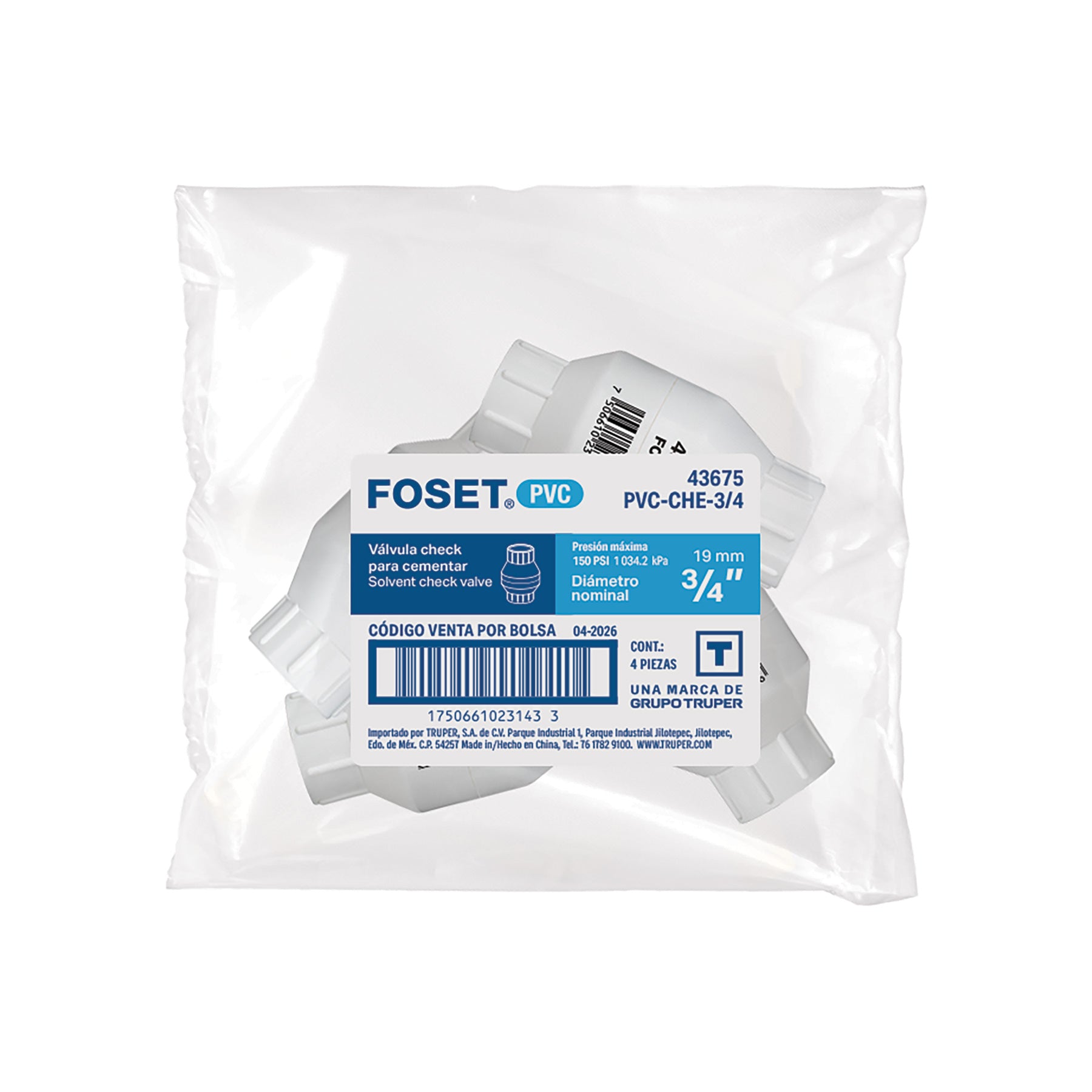 Válvula check de PVC 3/4' para cementar, FOSET