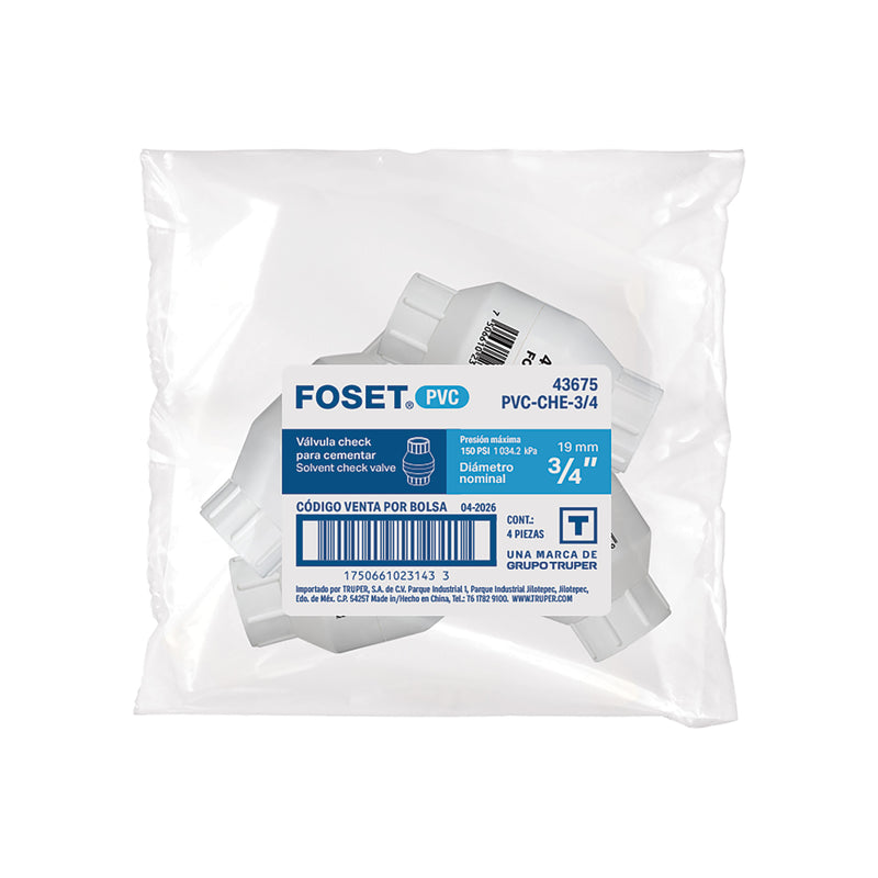 Válvula check de PVC 3/4' para cementar, FOSET