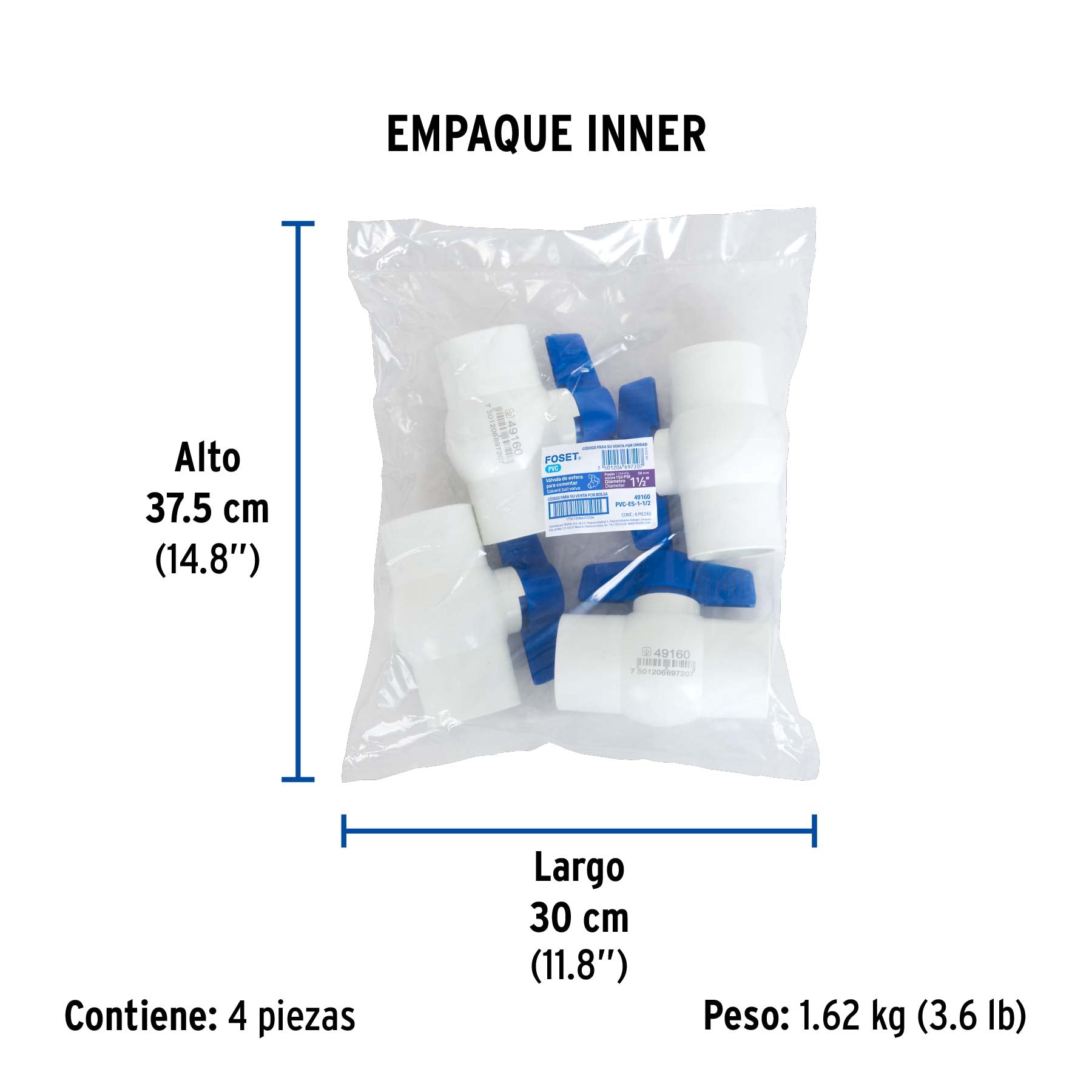 Válvula de esfera de pvc, de 1 1/2", para cementar