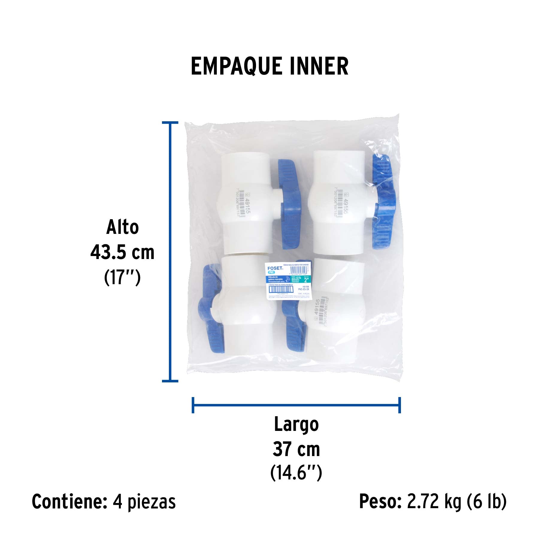 Válvula esfera de pvc, 2", roscable