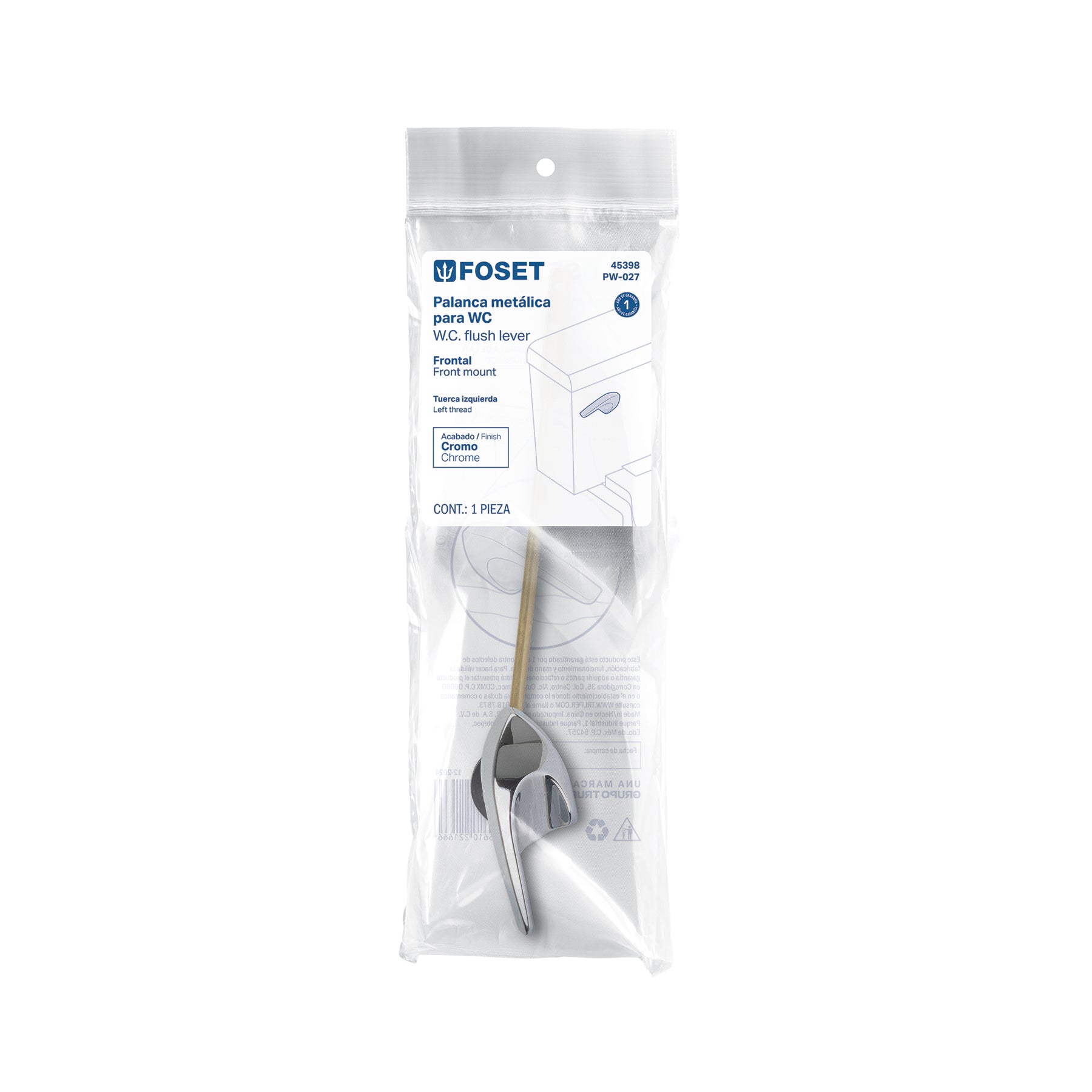 Palanca frontal metálica cromada robusta para WC, FOSET