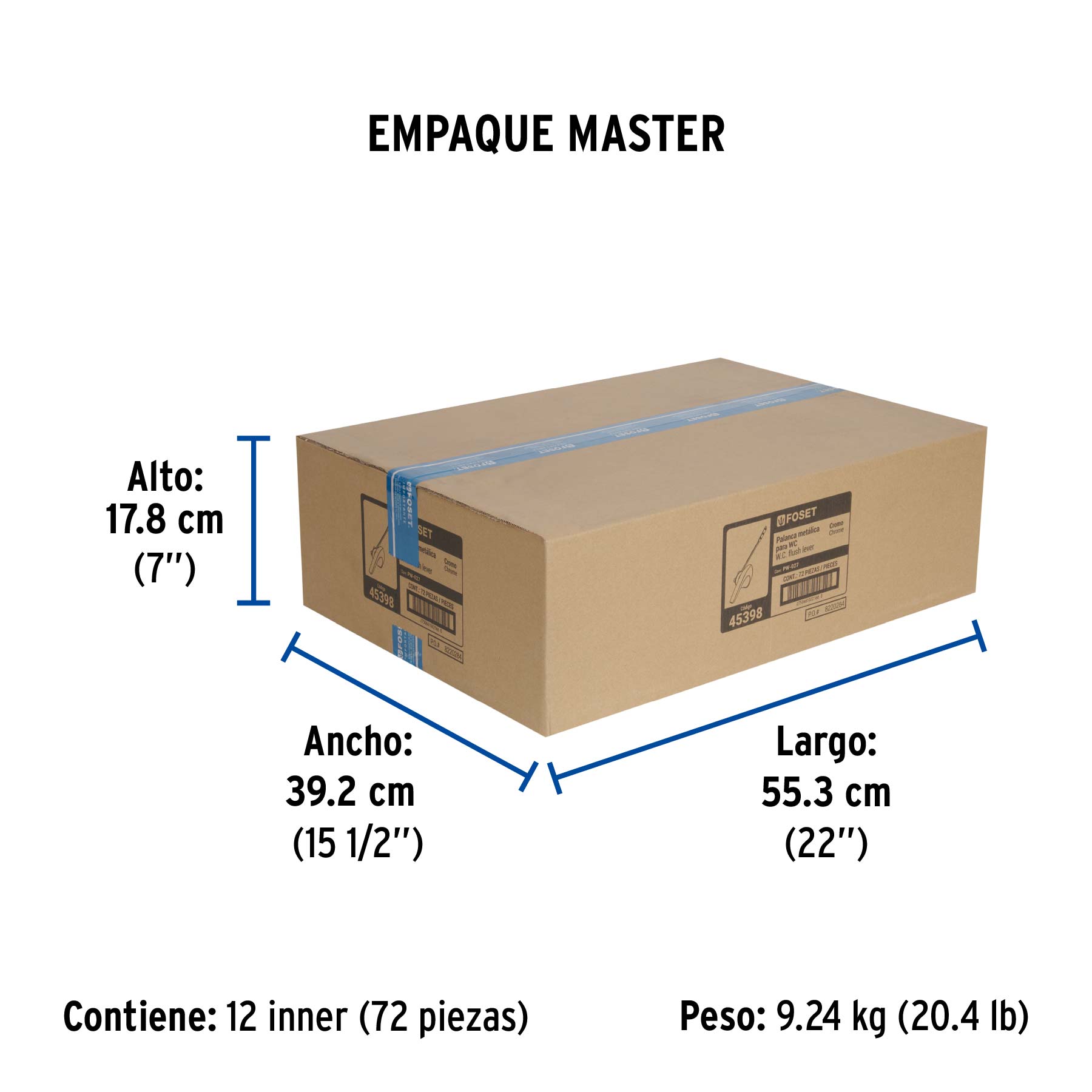 Palanca frontal metálica cromada robusta para WC, FOSET