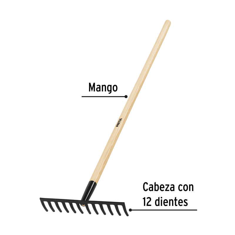 Rastrillo recto 12 dientes, mango 48', Pretul