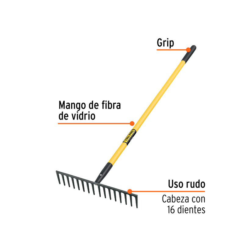 Rastrillo reforzado, 16 dientes, mango 60" fibra de vidrio
